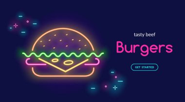 Neon ışık tarzı koyu arka plan üzerinde peynir simgesiyle lezzetli sığır eti burger. Parlak vektör neon çizim