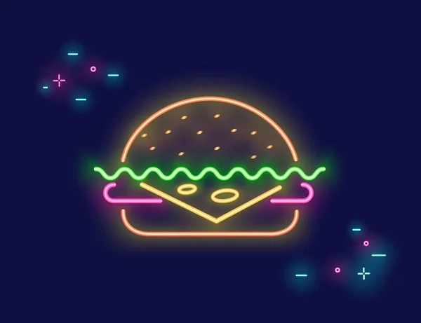 Välsmakande nötkött hamburgare med ost symbol i neon ljus stil på mörk — Stock vektor