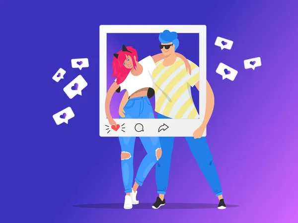 Clasificación y uso compartido de fotos en redes sociales. Gradiente vector ilustración de dos jóvenes adolescentes posando juntos para gustos — Vector de stock