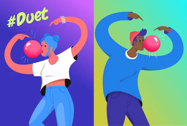 Hashtag duet Challenge concept vector illustratie van twee jonge tieners blazen een grote kauwgom — Stockvector
