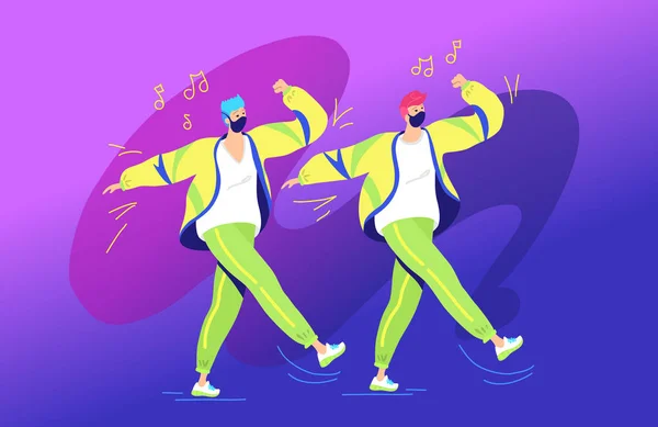 Рэп- или танцевальная концепция битвы векторная иллюстрация двух молодых подростков, стоящих вместе и жестикулирующих руками — стоковый вектор