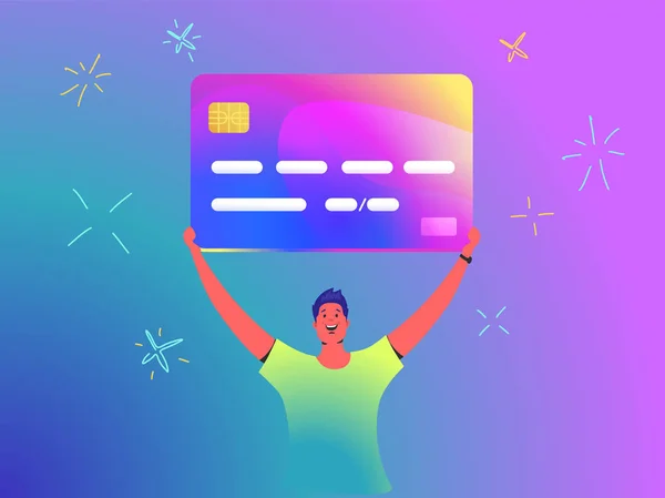 Kreditkort Concept Vector illustration av Young man håller över huvudet stort lysande bankkort som en vinnare — Stock vektor