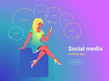 Mesajlaşma için mobil uygulama kullanarak akıllı telefon ile oturan genç kız mobil uygulama kavramı vektör illüstrasyon kullanarak Kadın