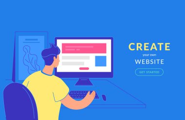 Pc ile oturan ve web sitesi oluşturma genç adam kendi web sitesi düz vektör illüstrasyon oluşturun