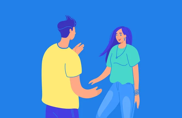 Live gesprek tussen twee vrienden gradiënt vector illustratie van jonge mensen die samen staan en over iets praten — Stockvector