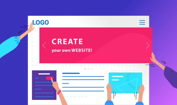 Creați-vă propriul site web design vector plat neon pentru banner web. Ilustrație strălucitoare a mâinilor umane care plasează bannere — Vector de stoc