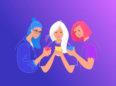 Akıllı telefonlar kavramı düz vektör illüstrasyon kullanarak Genç arkadaşlar. Mesajlaşmak için akıllı telefonu kullanan genç ağaç kızları