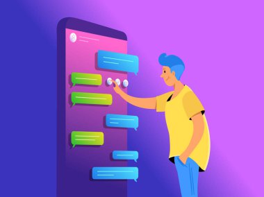 Mesajlaşma için mobil uygulama kullanarak akıllı telefon ile oturan genç kız mobil uygulama kavramı vektör illüstrasyon kullanarak Kadın