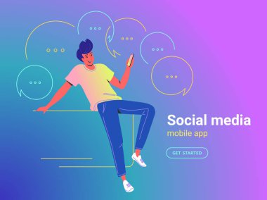 Mesajlaşma için mobil uygulama kullanarak akıllı telefon ile oturan genç adam mobil uygulama kavramı vektör illüstrasyon kullanarak Adam