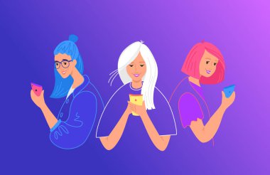 Akıllı telefonlar kavramı düz vektör illüstrasyon kullanarak Genç arkadaşlar. Mesajlaşmak için akıllı telefonu kullanan genç ağaç kızları