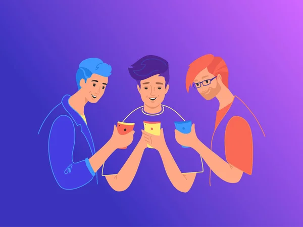 Teenage friends using smartphones concept flat vector illustrati — Stock Vector