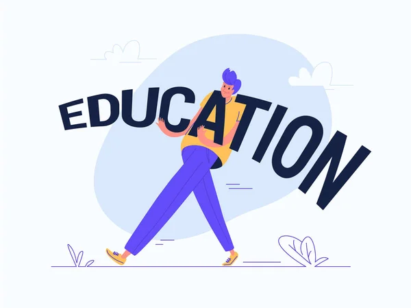 Young man carrying heavy education word. — Stock Vector