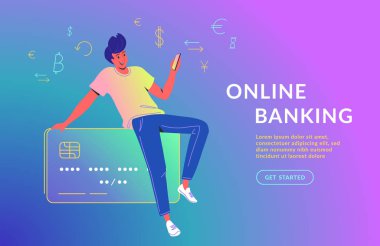 Adam online bankacılık için mobil uygulama kullanıyor. Akıllı telefon ile büyük kredi kartı üzerinde oturan genç kız Konsept vektör illüstrasyon