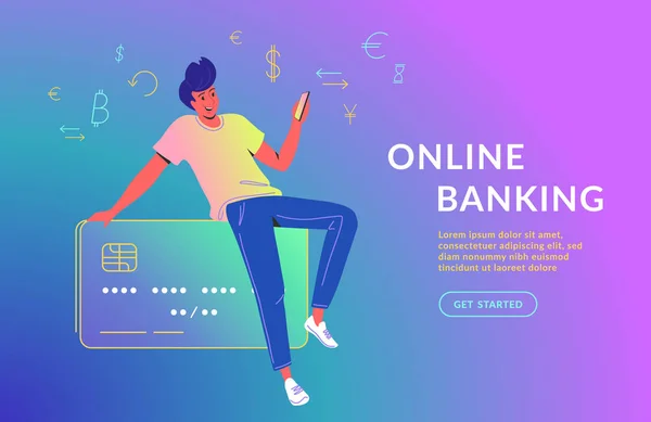 Homem usando aplicativo móvel para serviços bancários online. Conceito vetor ilustração de menina sentada no cartão de crédito grande com smartphone — Vetor de Stock