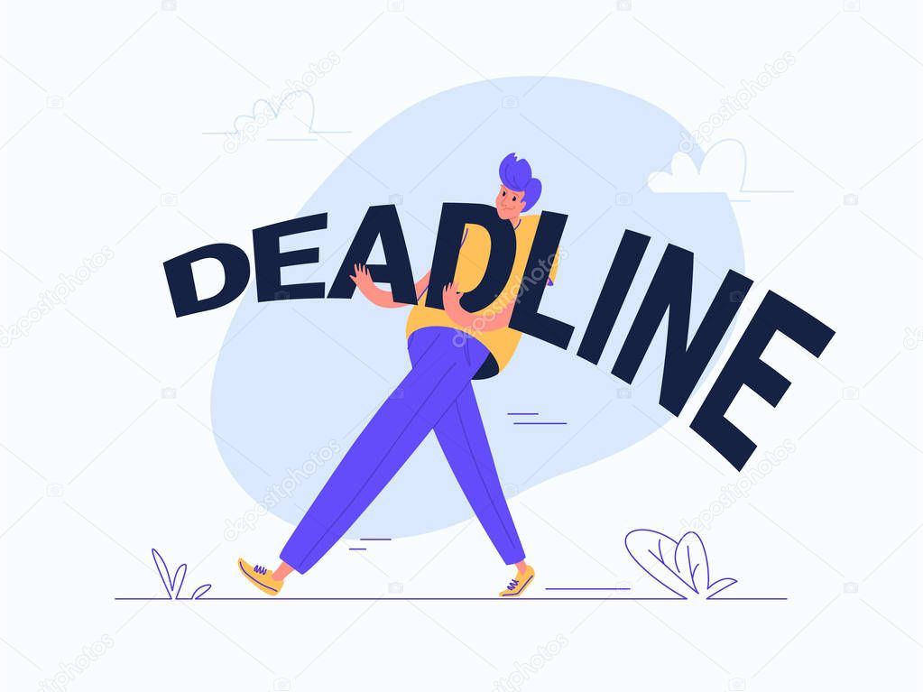 Young man carrying heavy deadline word