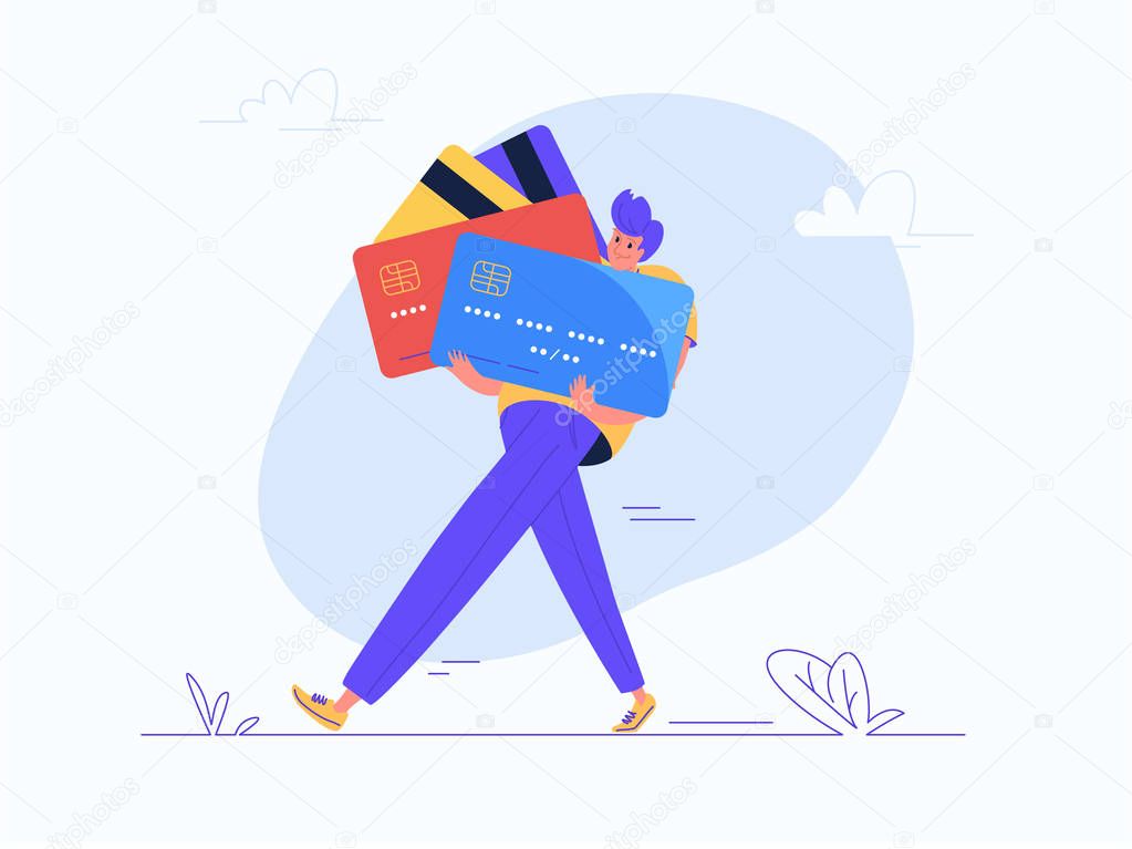 Young man carrying heavy credit cards