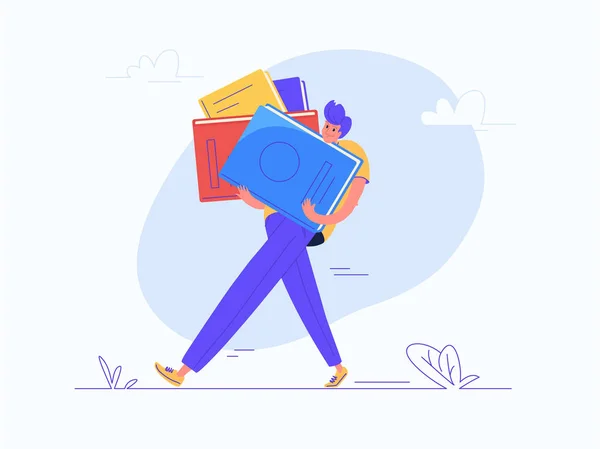 Young man carrying heavy books — Stock Vector