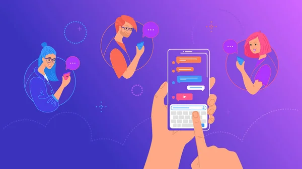 Human hand houdt Smart Phone met Messenger app en toetsenbord op het scherm — Stockvector