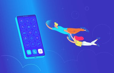 Genç çift büyük akıllı telefonuçan ve haber okumak ve arkadaşlarınızla sohbet için akıllı telefonlar kullanıyor