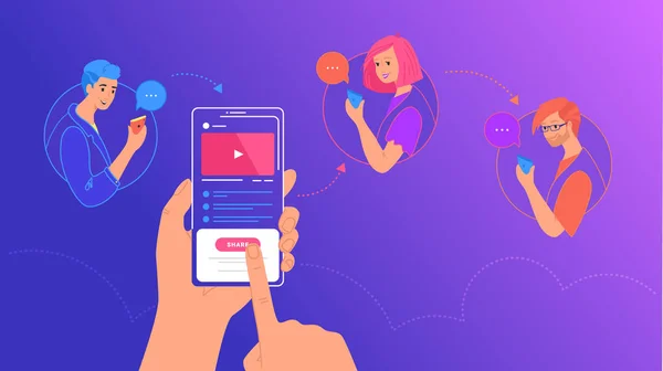 Partage de contenu mobile à des amis illustration vectorielle de jeunes partageant des messages sur les médias sociaux — Image vectorielle