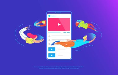 Gençler büyük akıllı telefonun etrafında uçuyor