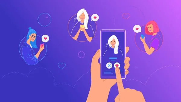 Mobiele dating app voor het vinden van nieuwe vrienden, Hook-ups en romantische partners. — Stockvector