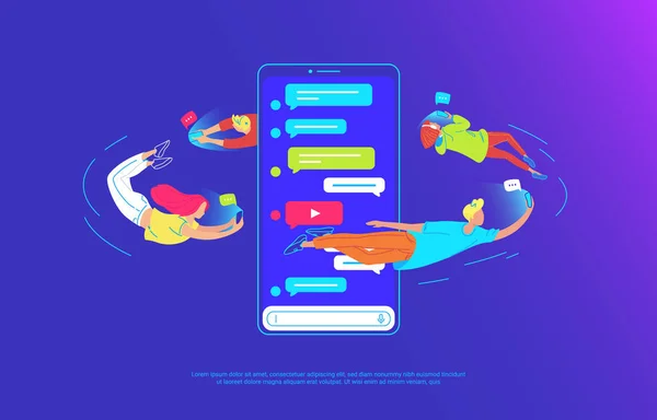 Orang-orang muda terbang di sekitar smartphone besar - Stok Vektor