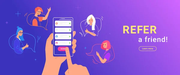 Consulte uma ilustração do vetor gradiente amigo da mão humana segura smartphone para convidar amigos —  Vetores de Stock