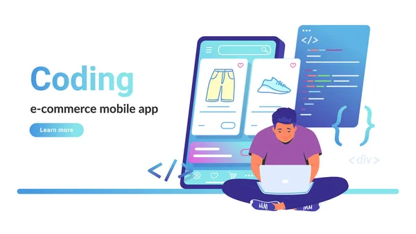 Coding e-commerce mobile app for online store — Stock Vector