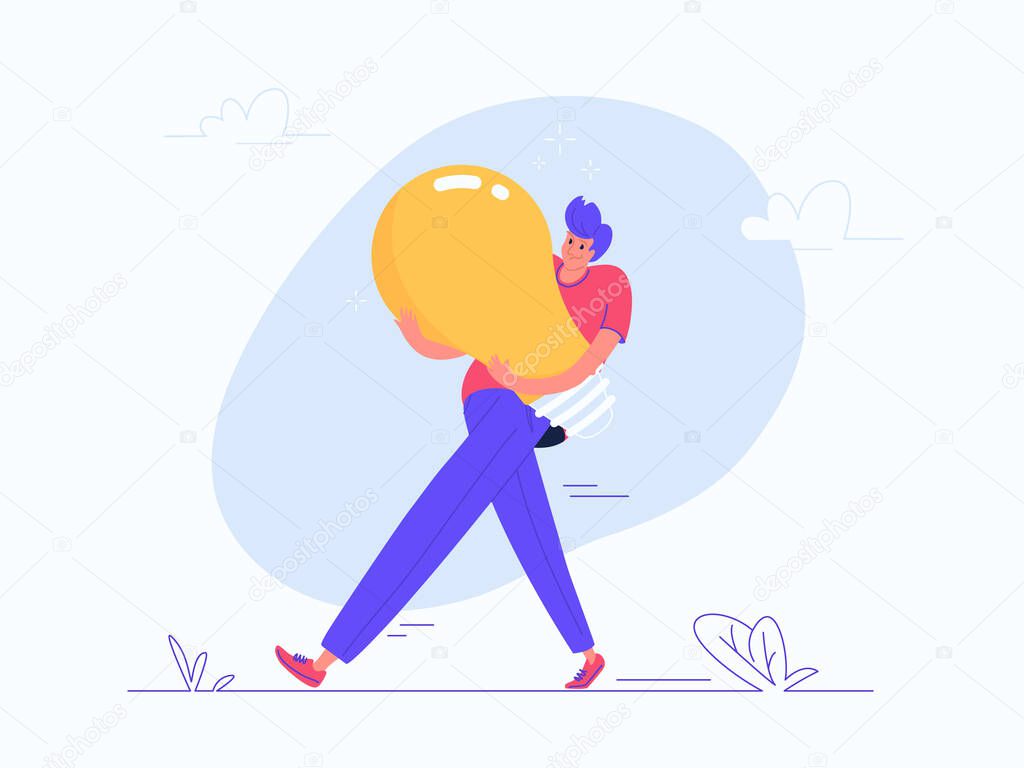 Young man carrying heavy yellow bulb