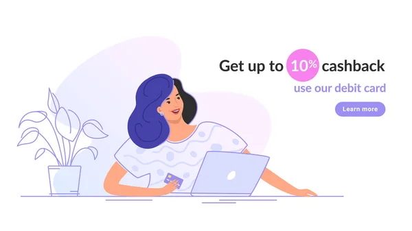 Happy tersenyum wanita duduk dengan laptop dan memegang kartu bank untuk mendapatkan cashback untuk berbelanja - Stok Vektor