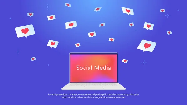 Social media speech bubbles with hearts flying in clouds — Stock Vector