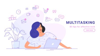 Bilgisayarla birden fazla iş ve online çalışma. Uzaktan çalışan bir kadının düz çizgi vektör çizimi