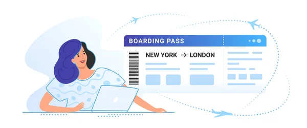 Boarding-Pass-Konzept Vektor-Illustration einer jungen Frau, die mit Laptop sitzt und auf die große Flugzeugbordkarte blickt — Stockvektor