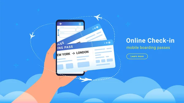 Mobilní palubní lístek přidat pro online check-in a letadla létající v mracích — Stockový vektor