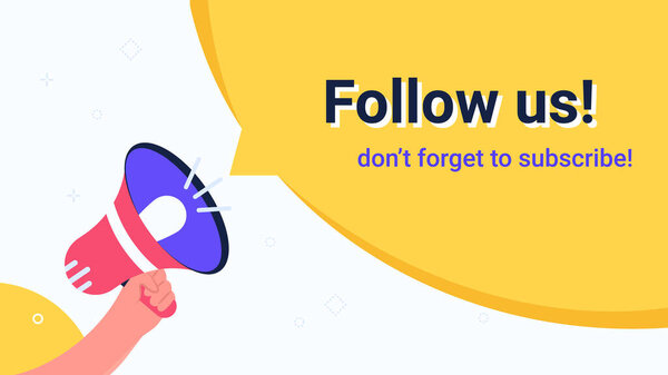 Следуйте за нами объявление мегафона желтый пузырь