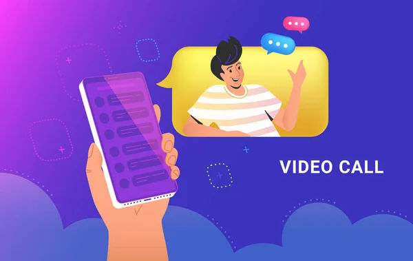 Video call percakapan atau chatting. Tangan manusia memegang smartphone dengan gelembung bicara dan berbicara teman - Stok Vektor