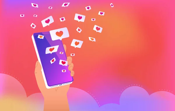 Menselijke hand houdt smartphone en het aanraken van grote spraakbel van sociale media en dating app — Stockvector