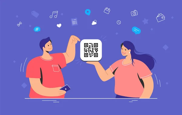 Escaneo de códigos QR por teléfono inteligente. Ilustración vectorial conceptual de amigos adolescentes sonrientes sosteniendo una tarjeta con qr-coge — Vector de stock