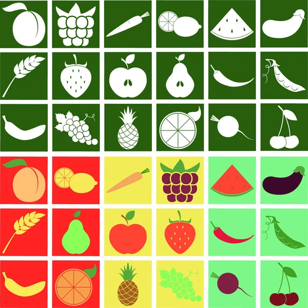 Conjunto de iconos vegetarianos estilizados de frutas y verduras — Vector de stock