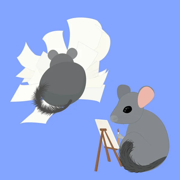 Deux dessins animés gris chinchillas artistes, écrivain et peintre — Image vectorielle