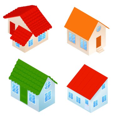Bir dizi farklı renkli çizgi film evi. İzometrik biçim vektör illüstrasyonunda şirin evler.