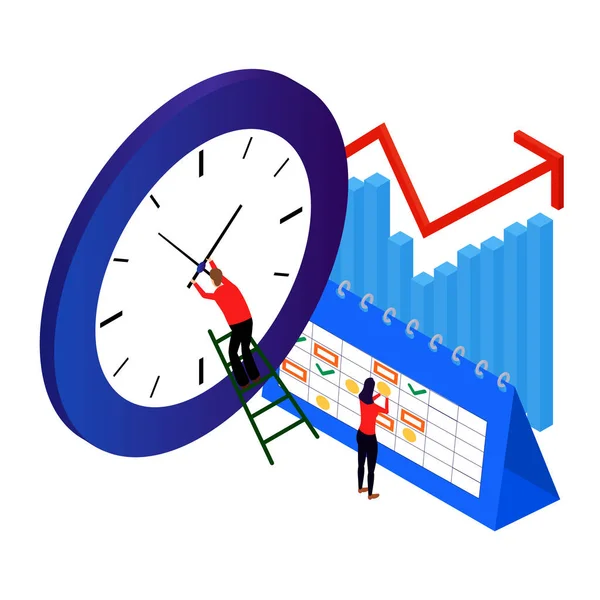 İzometrik zaman yönetimi kavramı. Kırmızılı adam mavi saatin zamanını düzeltiyor. Beyaz üzerine izole edilmiş vektör illüstrasyonu