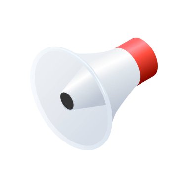 Beyaz arkaplanda izole edilmiş megafon izometrik simgesi. kırmızı ve beyaz hoparlör vektör çizimi