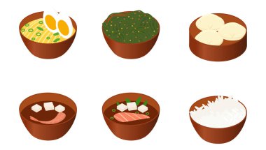 Japon yemekleri beyaz arka planda izole edildi. Kahverengi tabaklar vektör illüstrasyonunda Asya çorbasının ikonları. Ramen, miso çorbası.