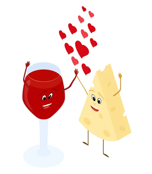 Cartoon Glass Wine Cheese Characters Love Cheese Wine Couple Vector — Stock Vector