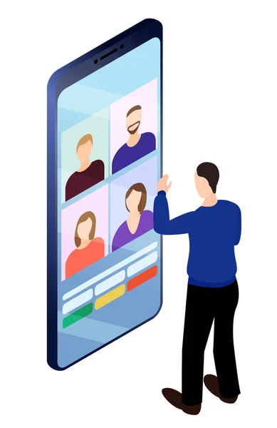 Smartphone Isométrique Avec Chat Vidéo Écran Concept Fête Ligne Illustration — Image vectorielle