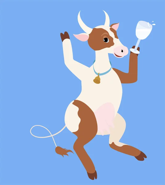 Весела Плямиста Корова Весело Танцює Склянкою Молока Мультяшна Корова Ізольована — стоковий вектор