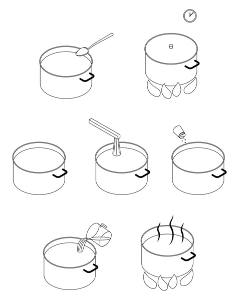 Монохромні Контурні Ілюстрації Приготування Їжі Векторний Малюнок Сковороди Інструкції Приготування — стоковий вектор