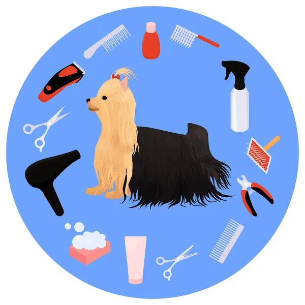 犬のグルーミングアイコンベクトルセットとヨークシャーテリア 美容室ロゴのための漫画イラスト — ストックベクタ